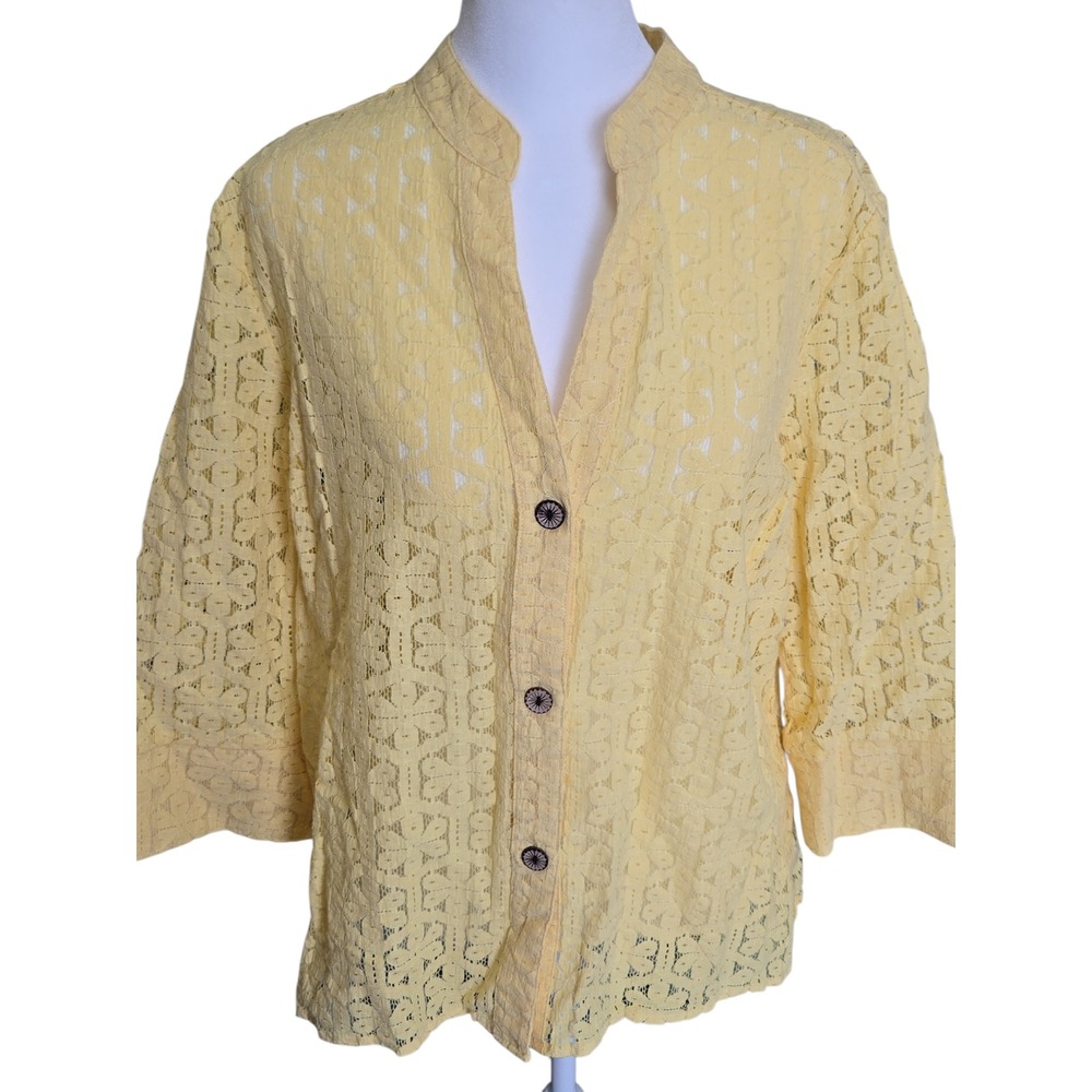 Rebecca Malone Yellow Lace‎ Mandarin Collar 3/4 Sleeve Button Up Shirt Women XL